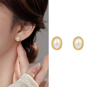 S925 Sterling Silver Twisted Rope Edge Pearl Stud Earrings