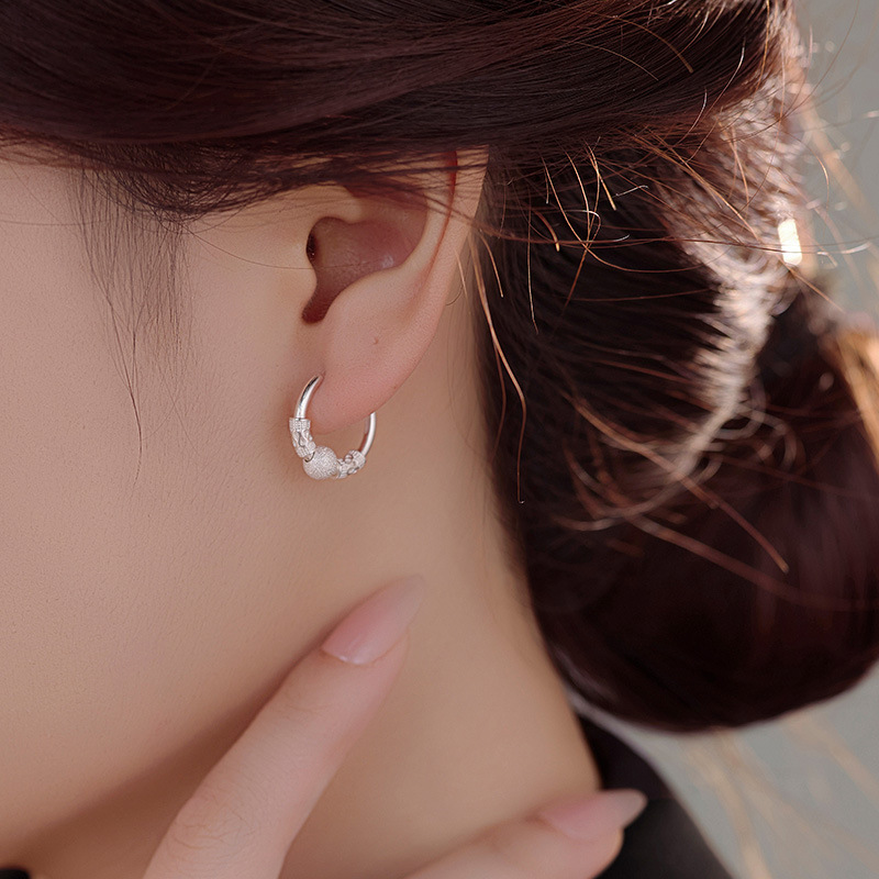 S925 Sterling Silver Minimalist Ruyi & Lucky Bead Earrings - Image 2
