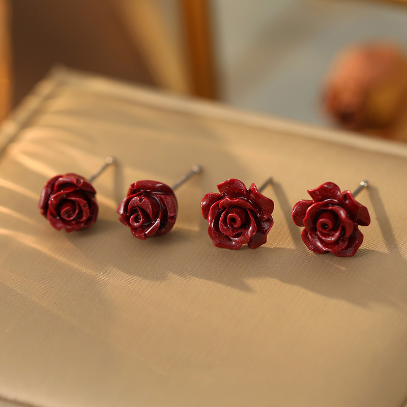 Cinnabar Red Rose Stud Earrings - Silver