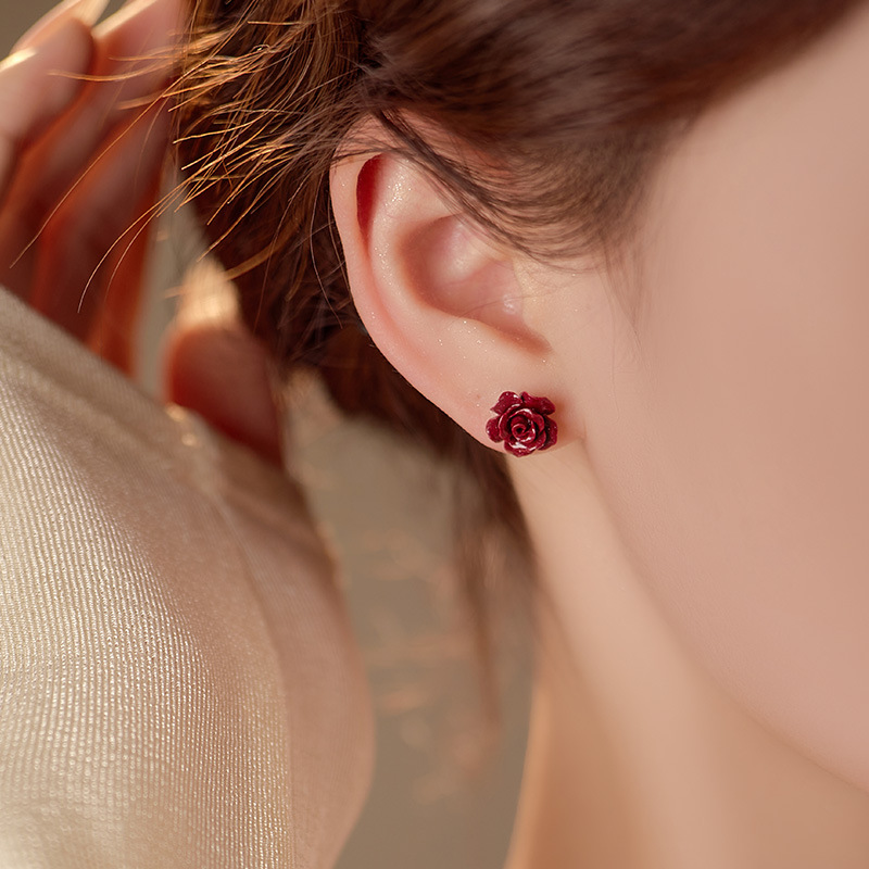 Cinnabar Red Rose Stud Earrings - Silver