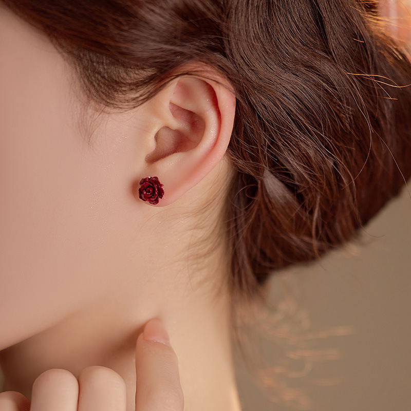 Cinnabar Red Rose Stud Earrings - Silver