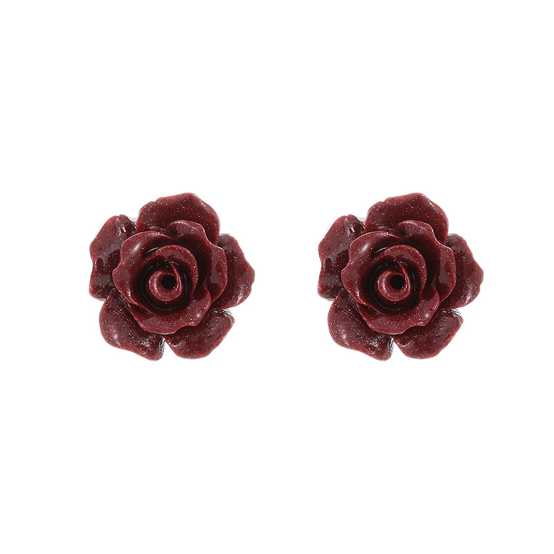 Cinnabar Red Rose Stud Earrings - Silver