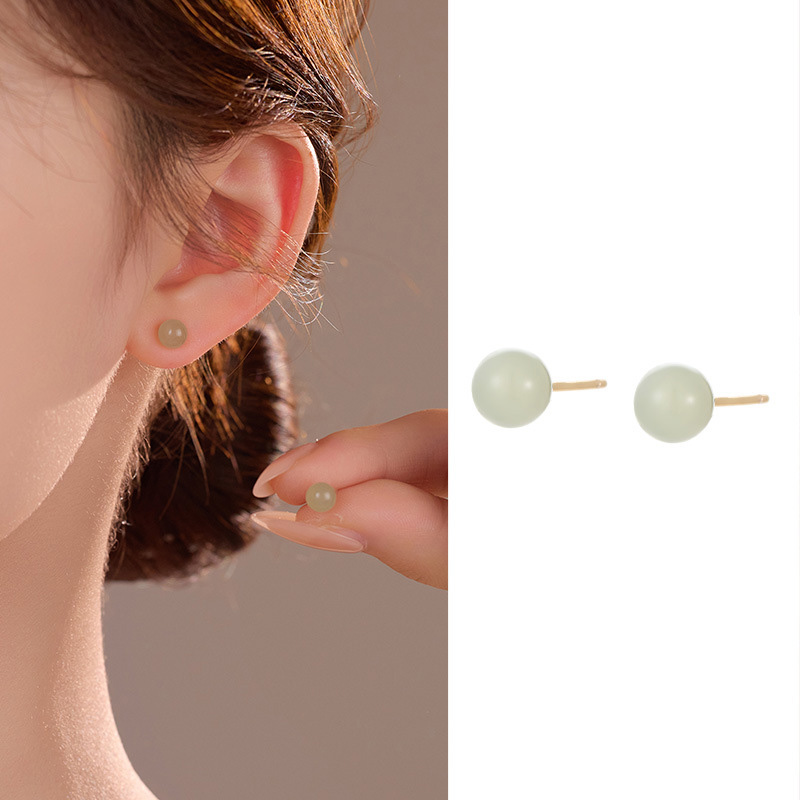 S999 Fine Silver Natural Hotan Jade Stud Earrings