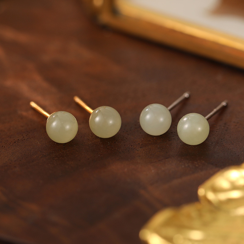 S999 Fine Silver Natural Hotan Jade Stud Earrings - Image 2