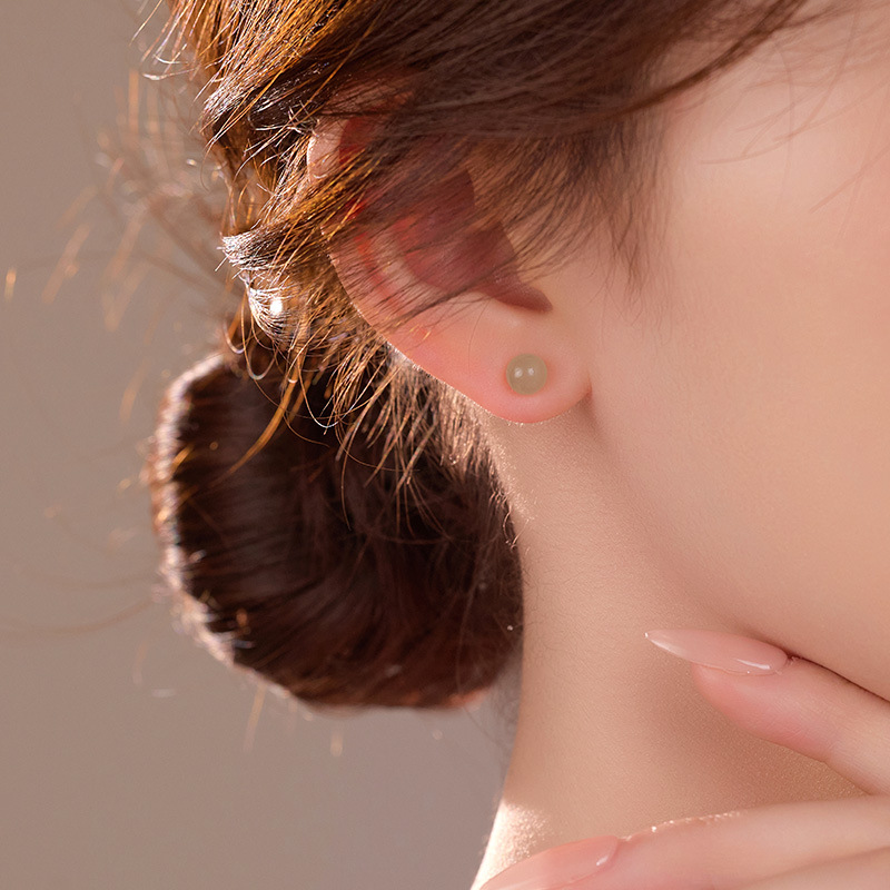 S999 Fine Silver Natural Hotan Jade Stud Earrings - Image 3