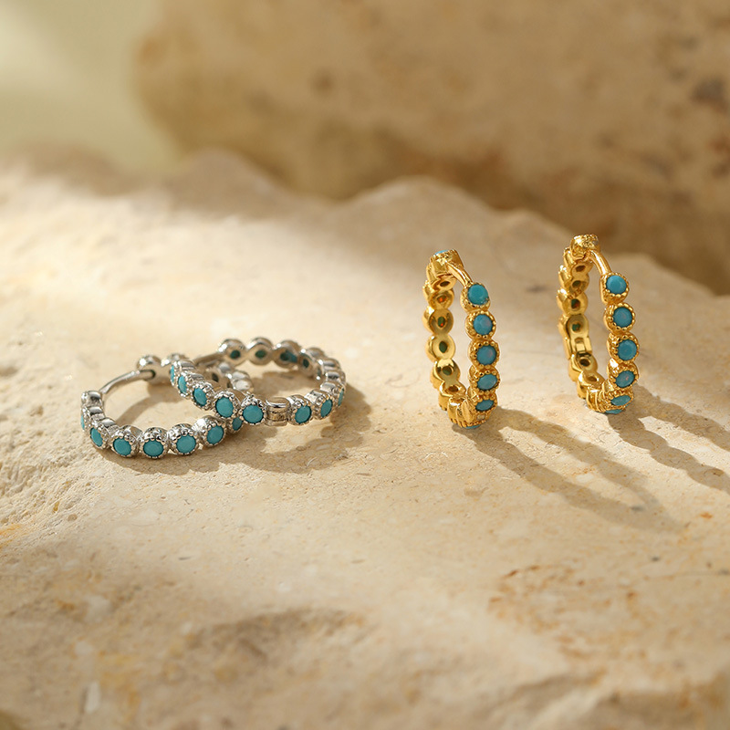 S925 Sterling Silver Vintage Turquoise Hoop Earrings - Image 2
