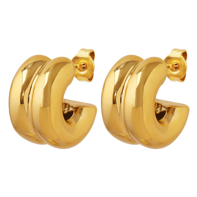 Titanium Steel Double-Layer C-Shaped Half-Hoop Mirror Finish Earrings - Image 4