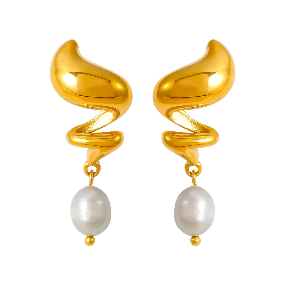 Stainless Steel Spiral Freshwater Pearl Earrings