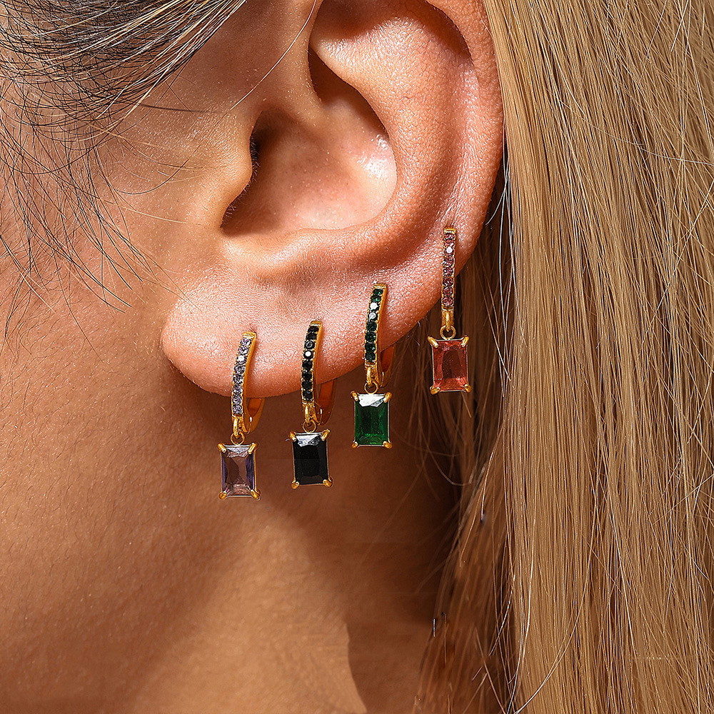 Stainless Steel Square Drop Zirconia Earrings