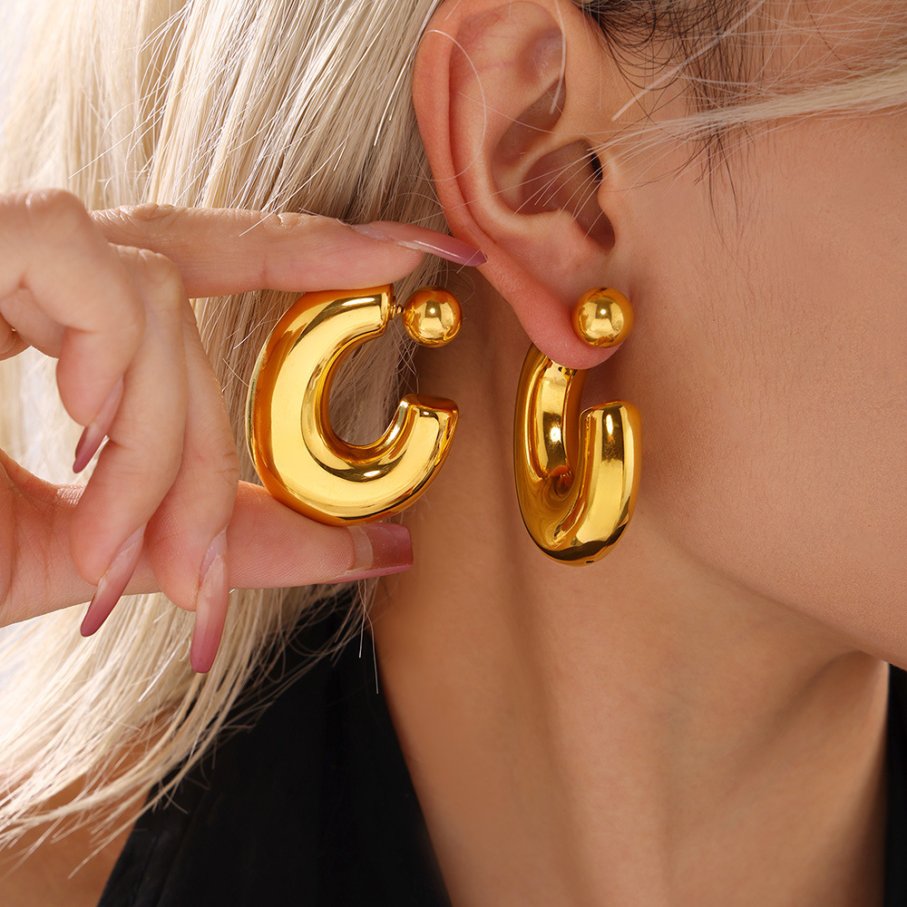 Stainless Steel C-Shaped Hollow Bead Convertible Earrings - Image 3