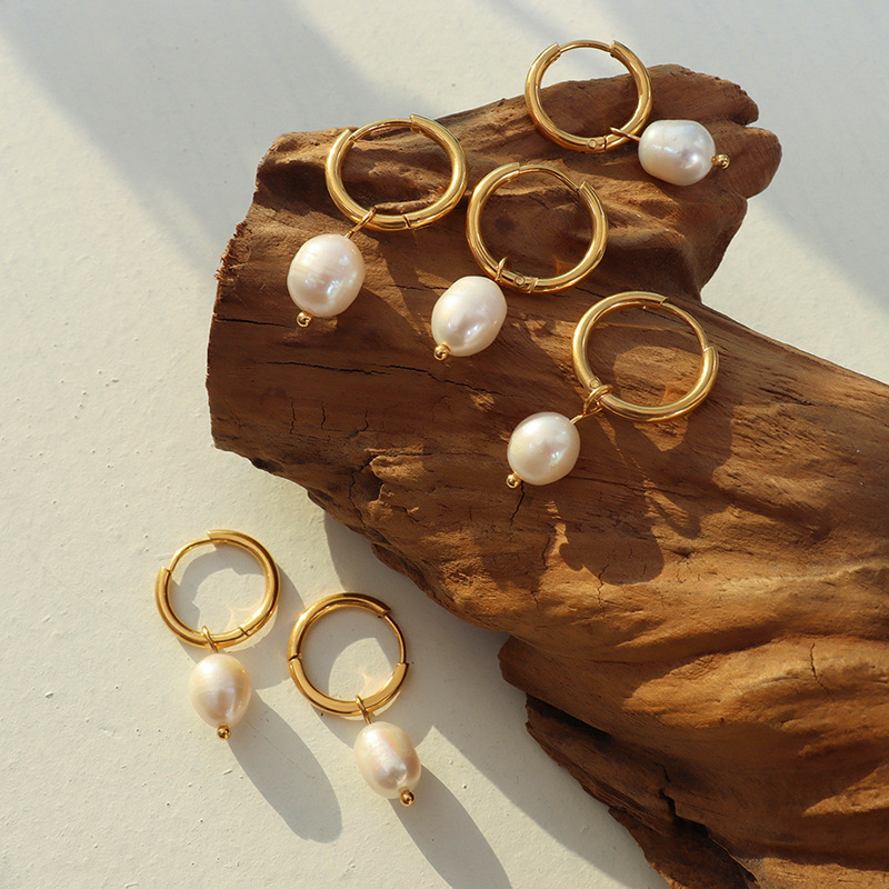 Titanium Steel Freshwater Pearl Hoop Earrings - Image 2