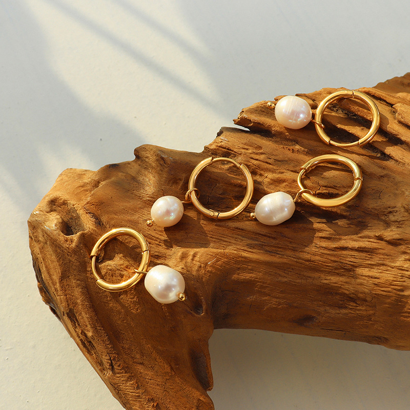 Titanium Steel Freshwater Pearl Hoop Earrings - Image 3
