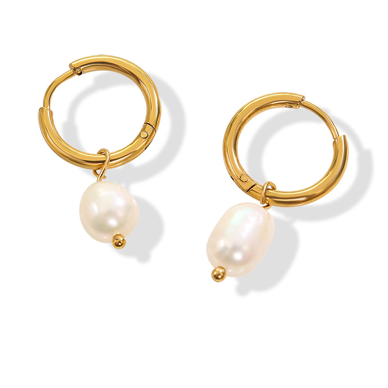 Titanium Steel Freshwater Pearl Hoop Earrings - Image 4