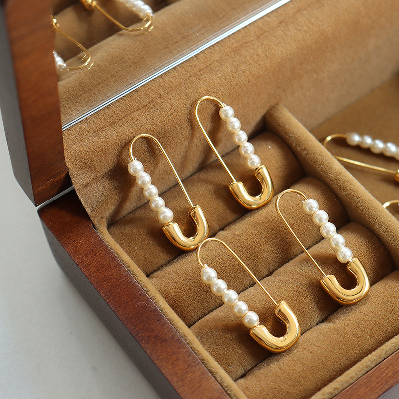 Titanium Steel Paperclip-style Imitation Pearl Earrings - Image 2