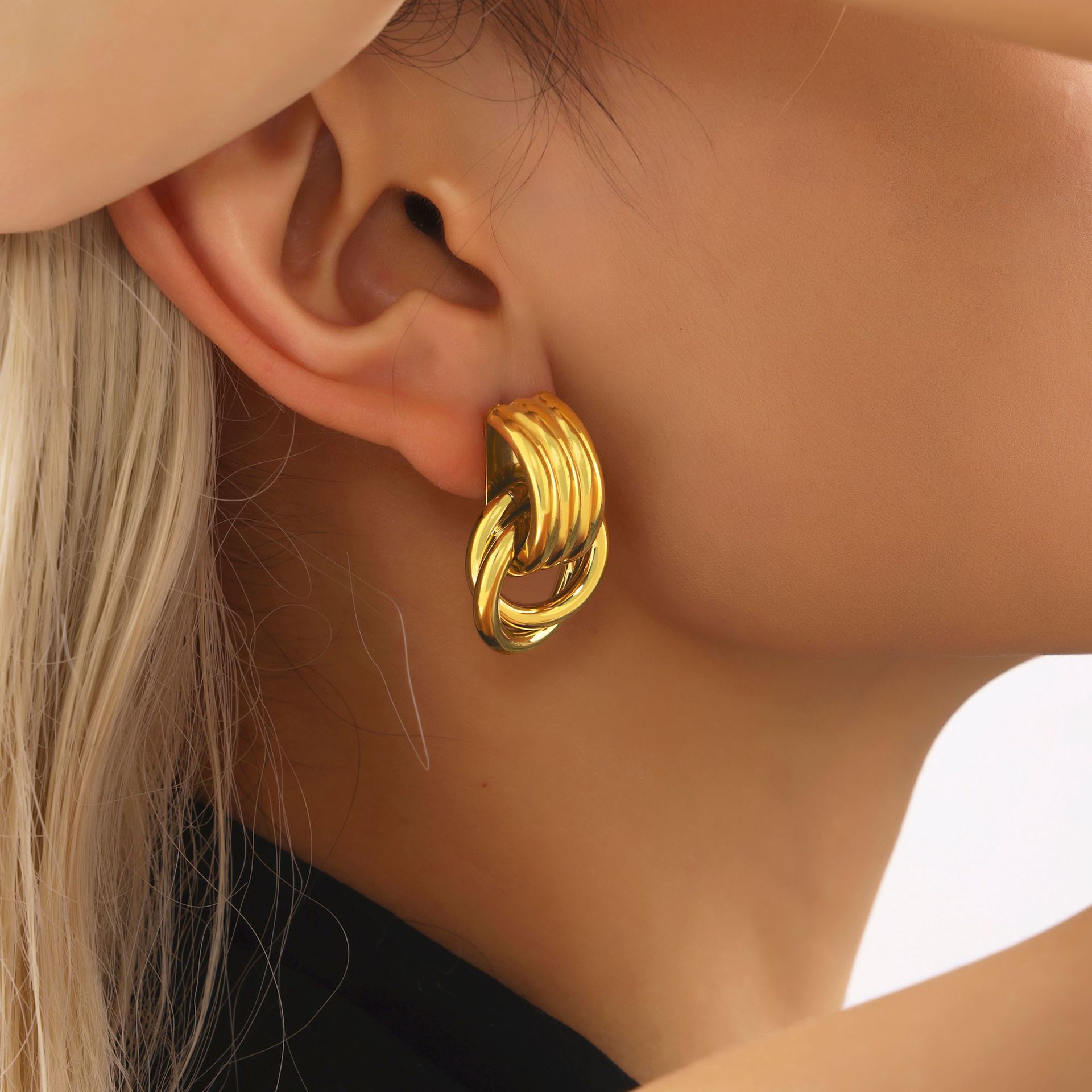 Stainless Steel Double C-Ring Textured Highlight Earrings - Image 3