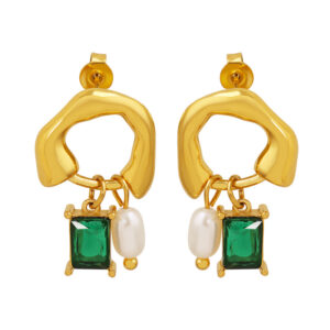 Titanium Steel Geometric Freshwater Pearl and Green Crystal Pendant Earrings