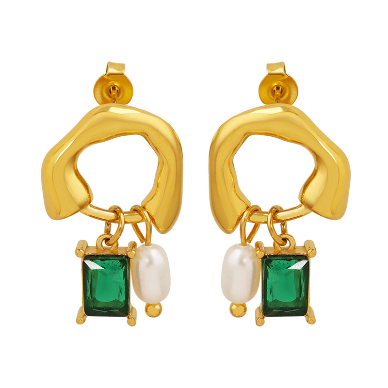 Titanium Steel Geometric Freshwater Pearl and Green Crystal Pendant Earrings