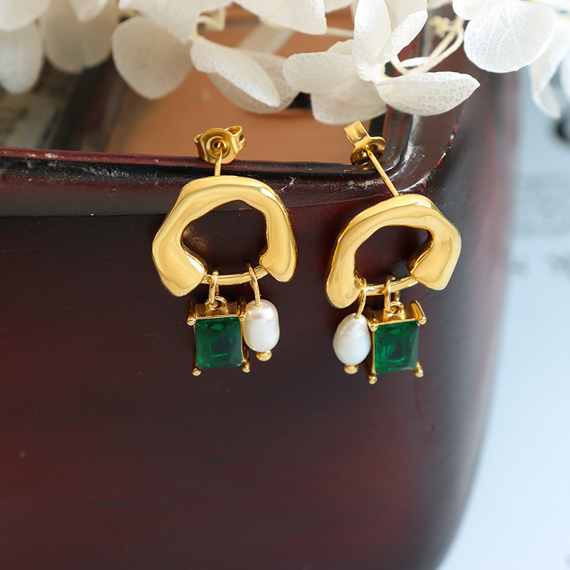 Titanium Steel Geometric Freshwater Pearl and Green Crystal Pendant Earrings - Image 2