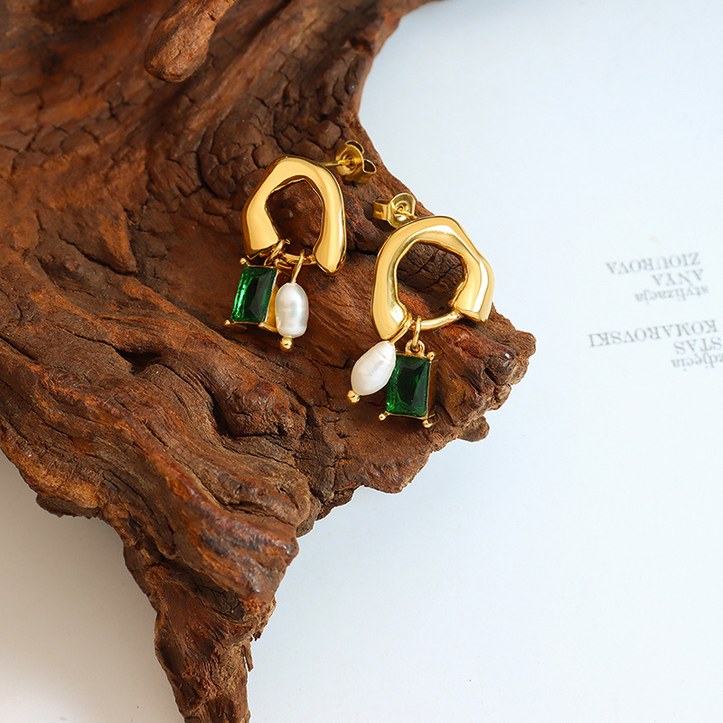 Titanium Steel Geometric Freshwater Pearl and Green Crystal Pendant Earrings - Image 3