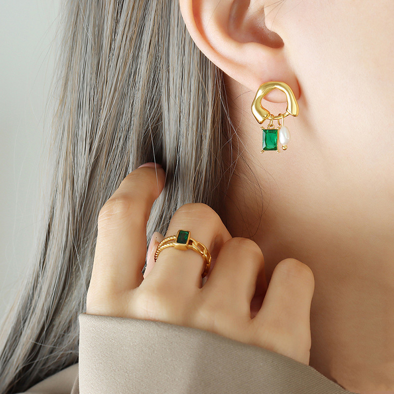 Titanium Steel Geometric Freshwater Pearl and Green Crystal Pendant Earrings - Image 4
