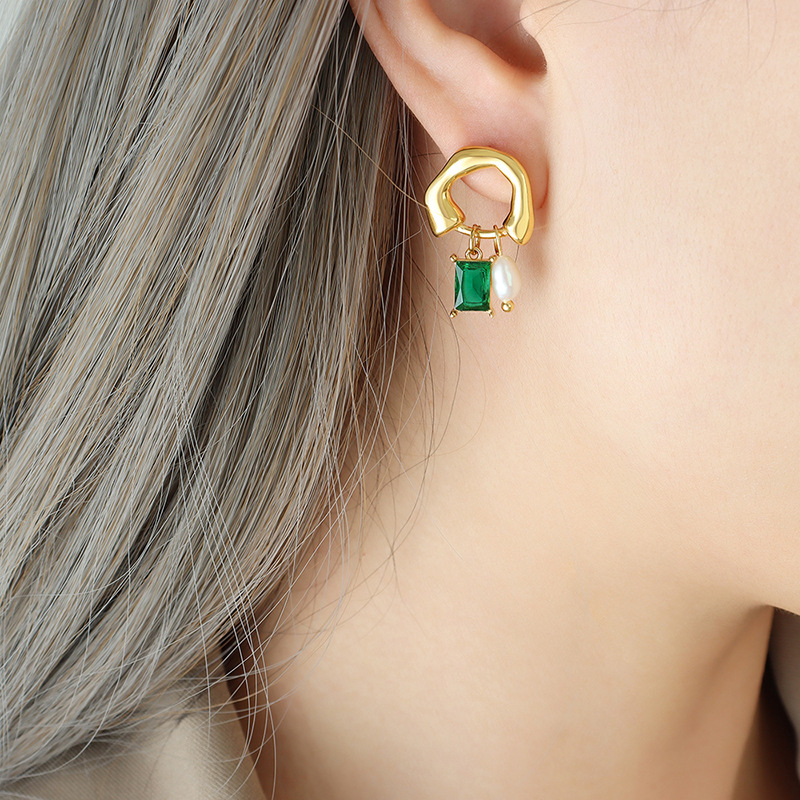 Titanium Steel Geometric Freshwater Pearl and Green Crystal Pendant Earrings - Image 5