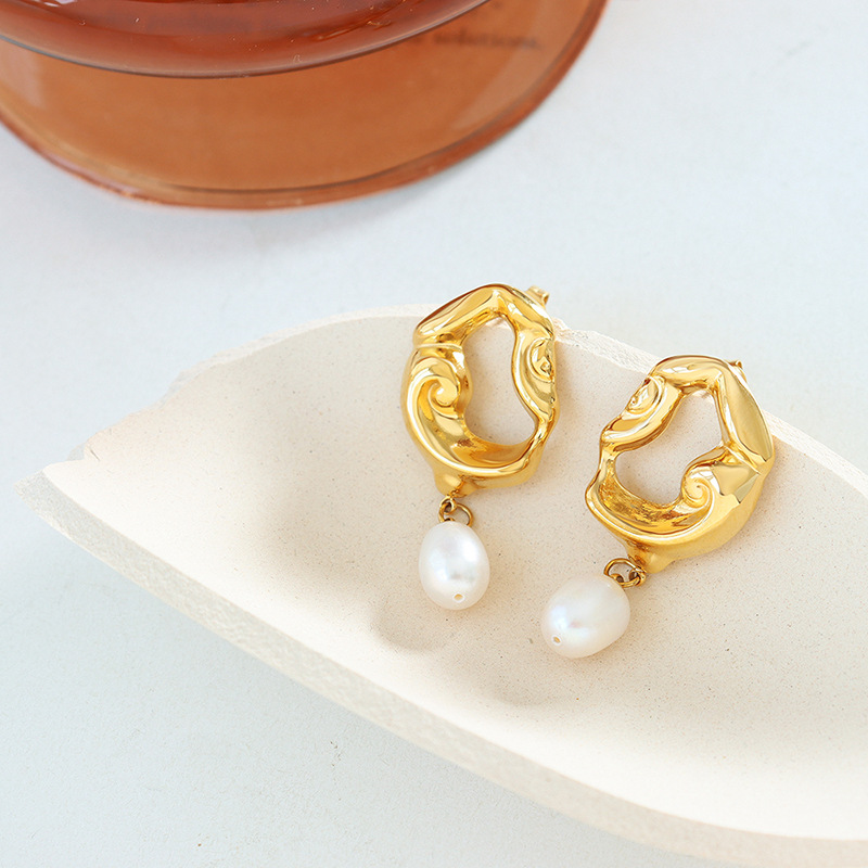Openwork Pearl Earrings - Titanium Steel