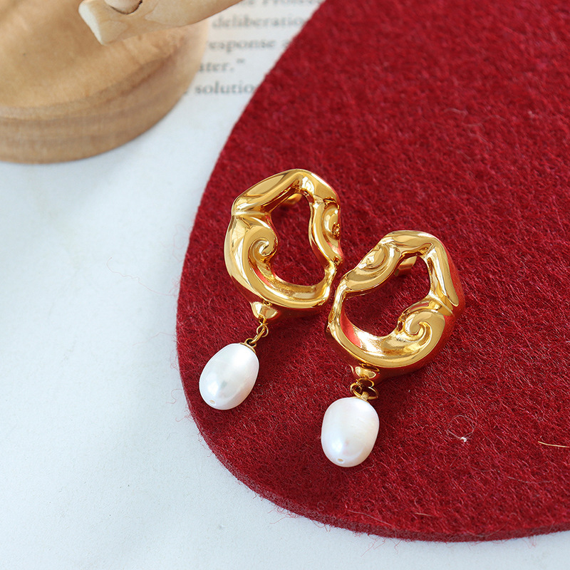 Openwork Pearl Earrings - Titanium Steel