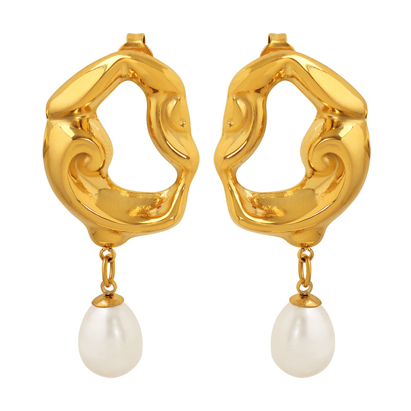 Openwork Pearl Earrings - Titanium Steel