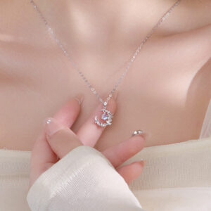 S925 Sterling Silver Eucalyptus and Bird Moonstone Necklace