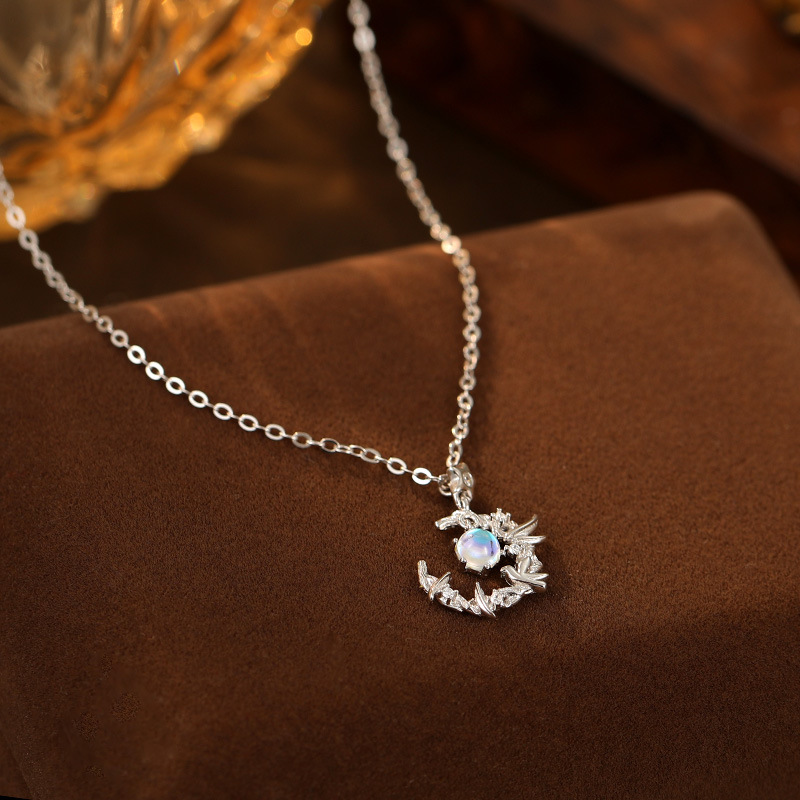 S925 Sterling Silver Eucalyptus and Bird Moonstone Necklace - Image 2