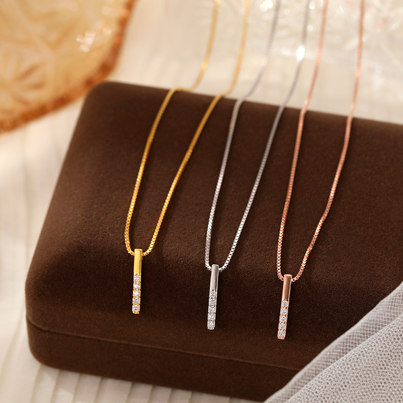 S925 Sterling Silver Zircon-Accented Vertical Bar Pendant Necklace - Image 2
