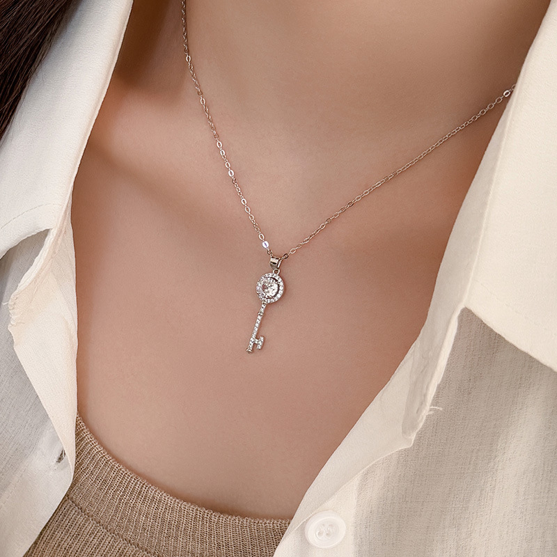 S925 Sterling Silver Full Pavé Key Pendant Necklace - Image 3