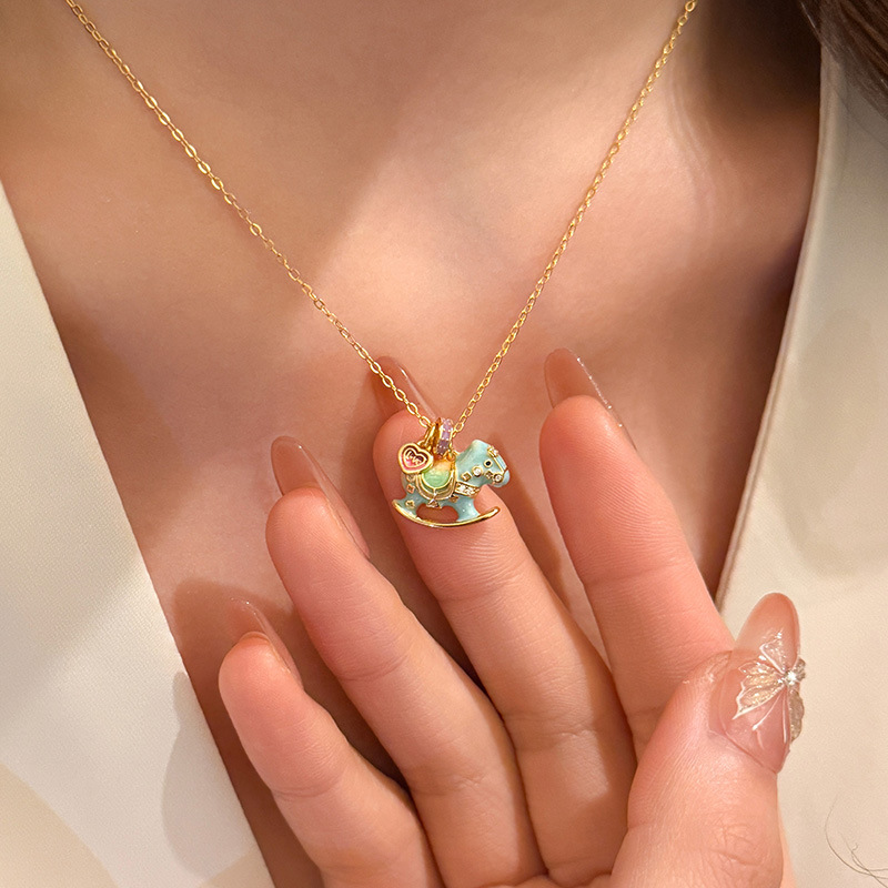 S925 Sterling Silver Enamel Drip Glaze Rocking Horse Necklace - Image 2