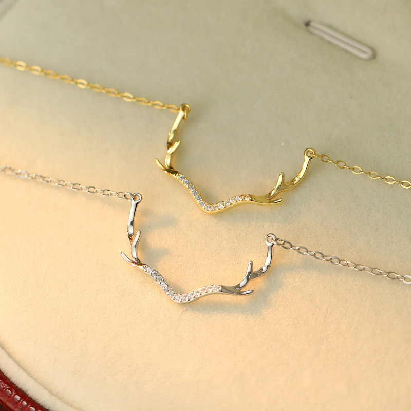 S925 Sterling Silver Deer Antler Necklace with Zirconia