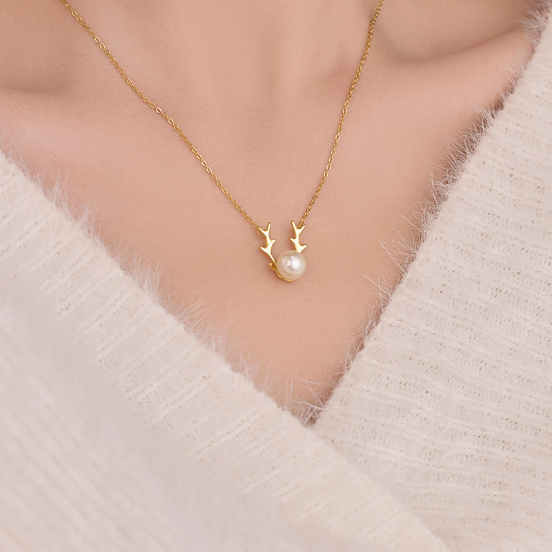 S925 Sterling Silver Deer Antler Pearl Pendant Necklace - Image 3