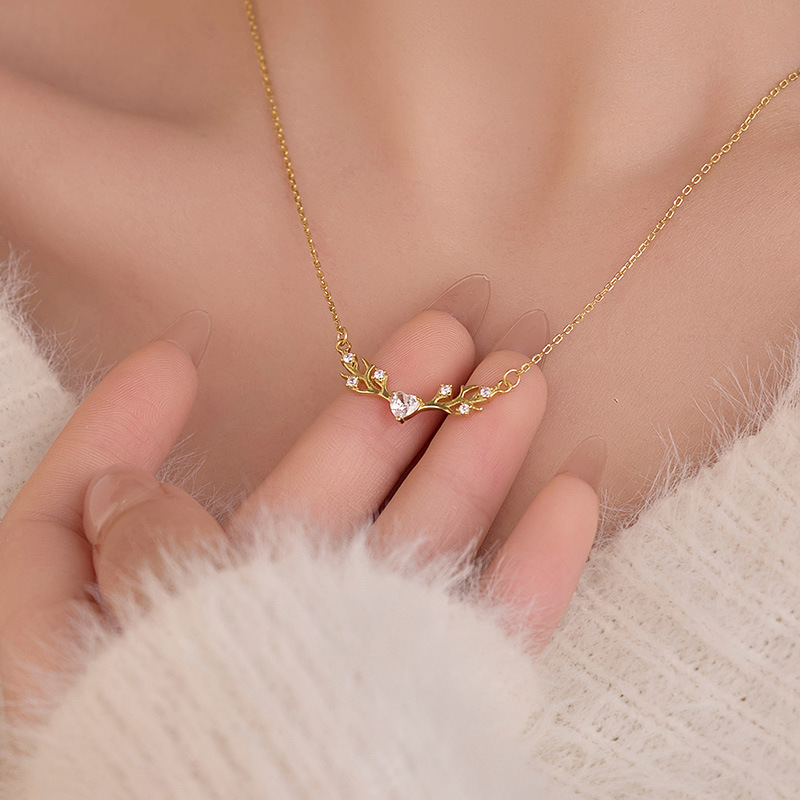 S925 Sterling Silver Deer Antler Necklace with Zirconia - Image 2