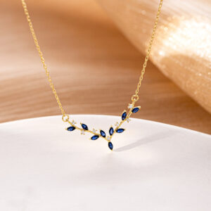 S925 Sterling Silver Blue Zirconia Leaf Deer Antler Pendant Necklace