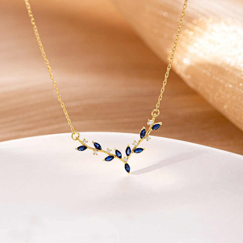 S925 Sterling Silver Blue Zirconia Leaf Deer Antler Pendant Necklace