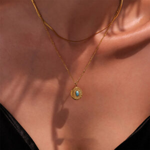 Stainless Steel Bead Chain Round Plate Turquoise Necklace