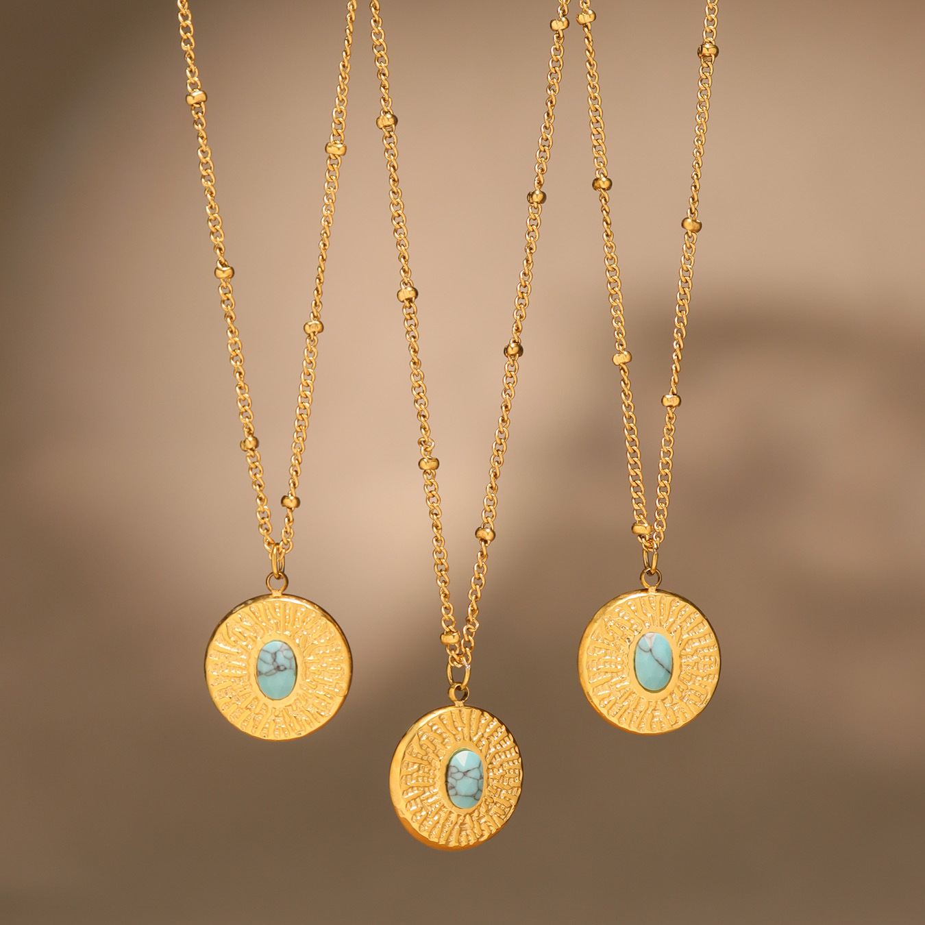 Stainless Steel Bead Chain Round Plate Turquoise Necklace - Image 2