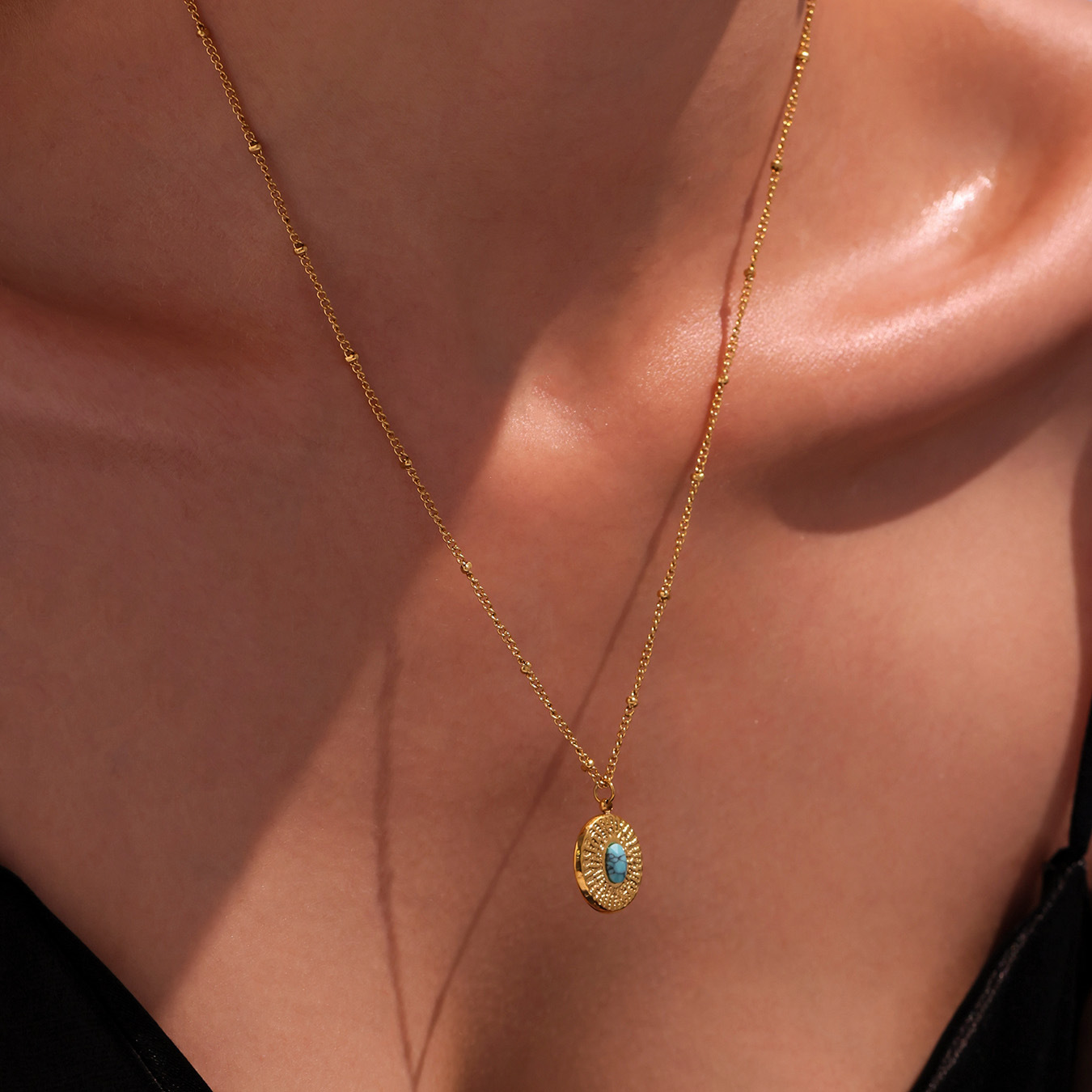 Stainless Steel Bead Chain Round Plate Turquoise Necklace - Image 3