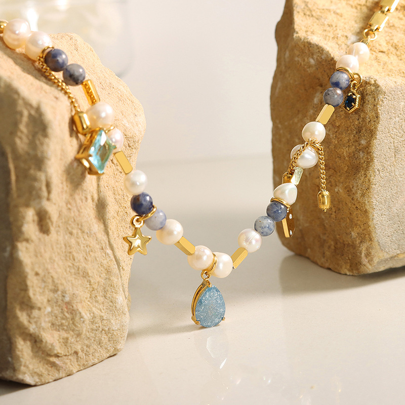Titanium Steel Mixed Geometric Natural Stone Freshwater Pearl Necklace - Image 2