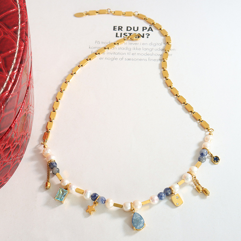 Titanium Steel Mixed Geometric Natural Stone Freshwater Pearl Necklace - Image 3