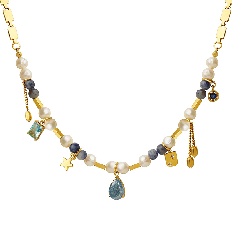 Titanium Steel Mixed Geometric Natural Stone Freshwater Pearl Necklace - Image 4