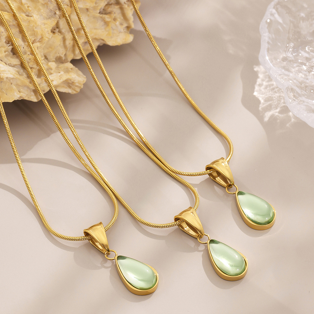 Stainless Steel Glass Stone Waterdrop Pendant Necklace