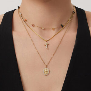 Stainless Steel Goddess Round Pendant Double Curb Chain Full CZ Cross Layering Collarbone Necklace