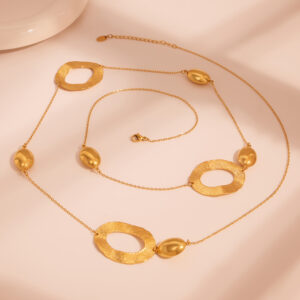 Stainless Steel Hammered Egg-Shaped Hollow Long Pendant Necklace