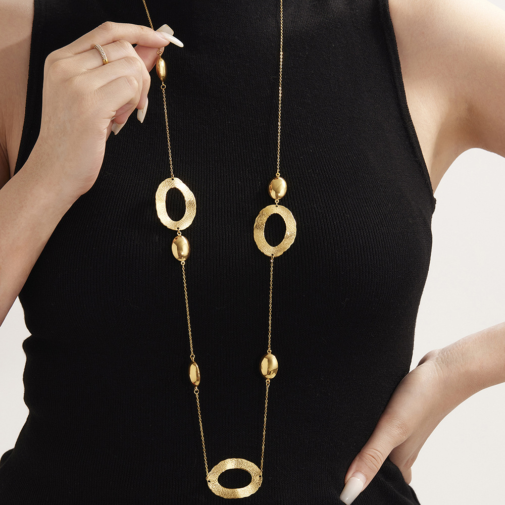 Stainless Steel Hammered Egg-Shaped Hollow Long Pendant Necklace - Image 2