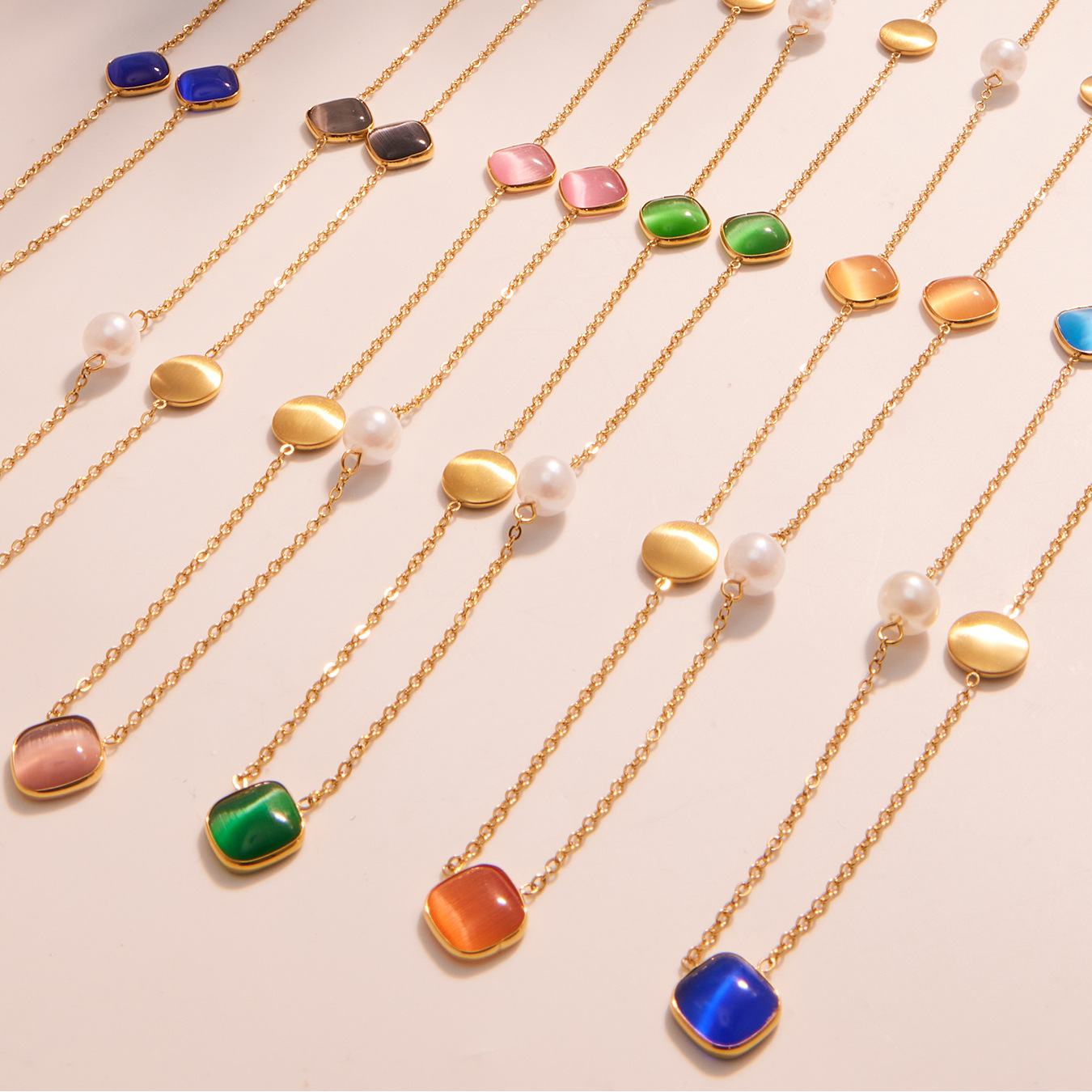 Stainless Steel Candy-Colored Square Cat Eye Stone Long Layering Necklace