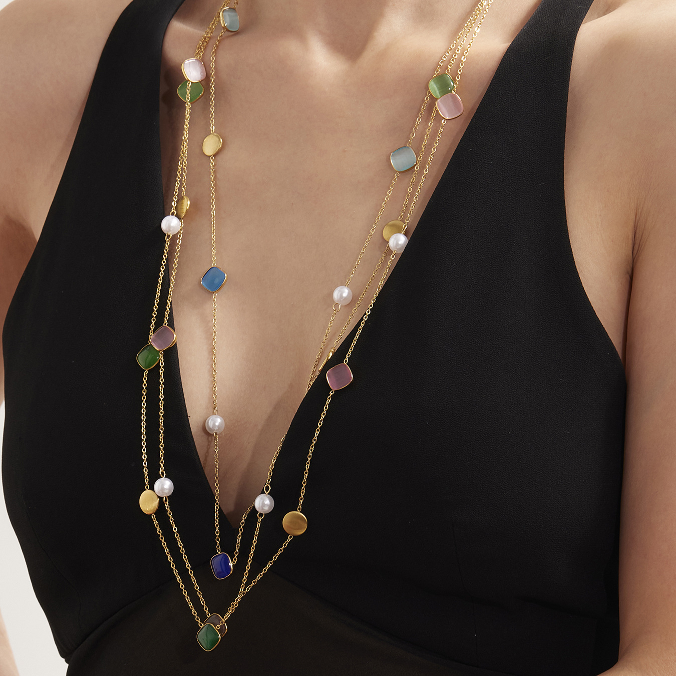 Stainless Steel Candy-Colored Square Cat Eye Stone Long Layering Necklace - Image 3